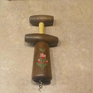 Vintage Wooden Corkscrew with Hand-Painted Floral Design | Wine